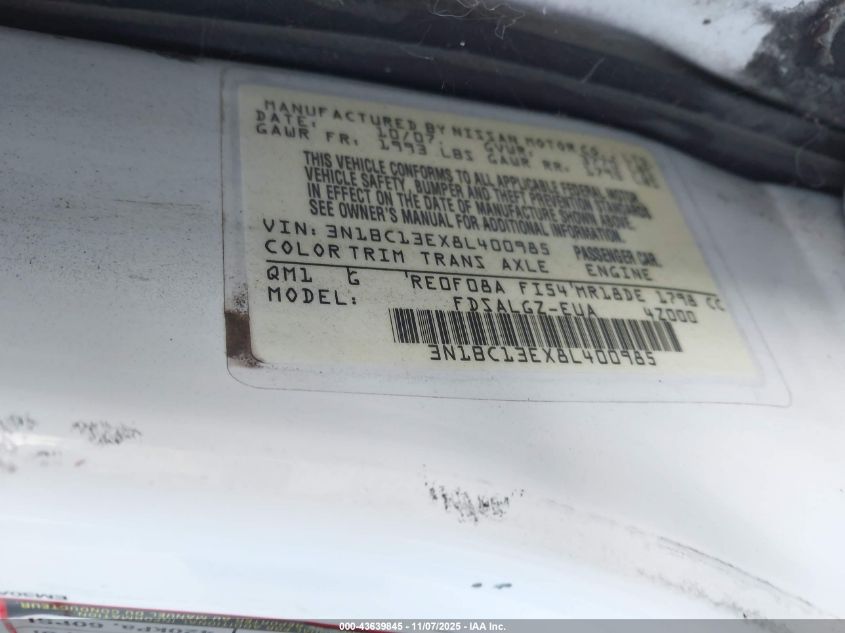 2008 Nissan Versa 1.8Sl VIN: 3N1BC13EX8L400985 Lot: 43639845