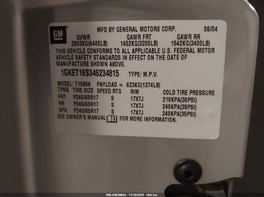 2004 GMC Envoy Xl Sle VIN: 1GKET16S346234815 Lot: 43639854