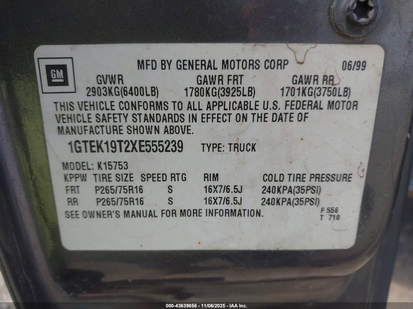 1999 GMC Sierra 1500 Sle VIN: 1GTEK19T2XE555239 Lot: 43639856