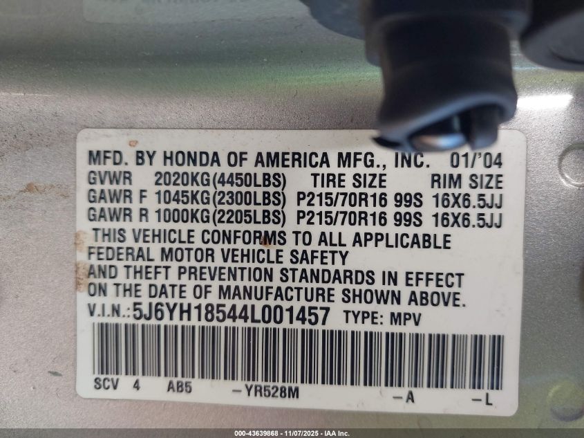 2004 Honda Element Ex VIN: 5J6YH18544L001457 Lot: 43639868