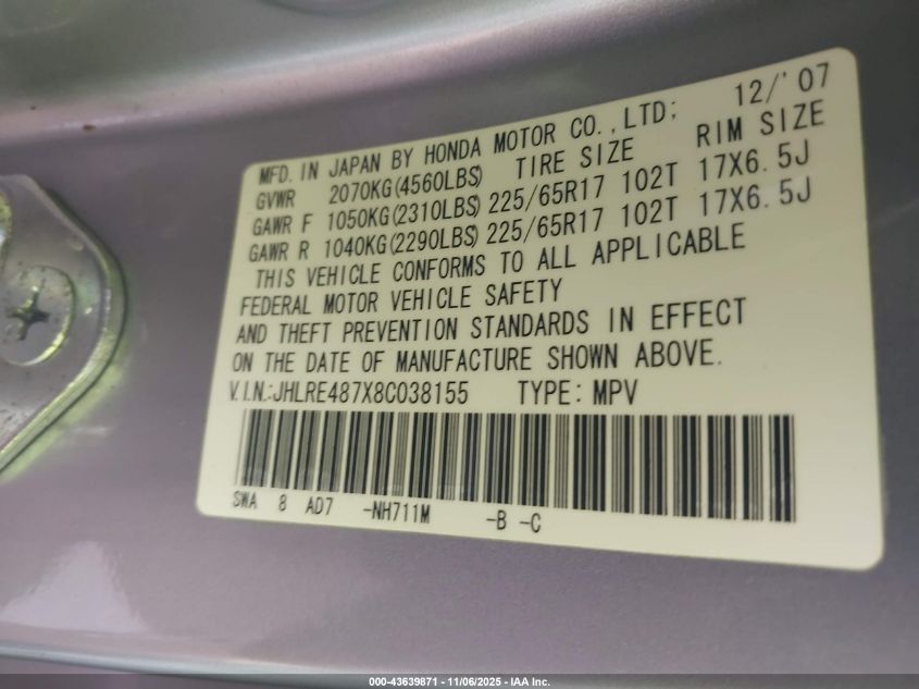 2008 Honda Cr-V Ex-L VIN: JHLRE487X8C038155 Lot: 43639871