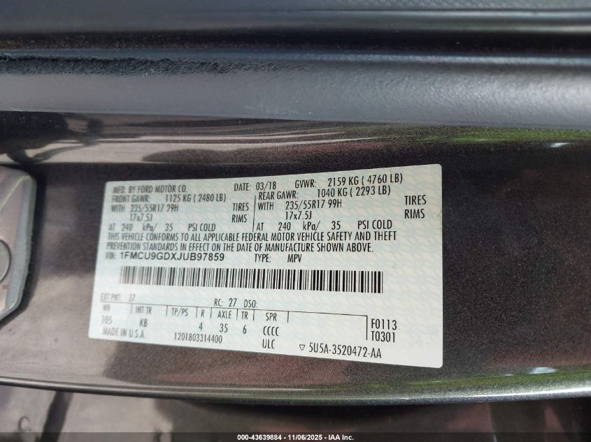 2018 Ford Escape Se VIN: 1FMCU9GDXJUB97859 Lot: 43639884