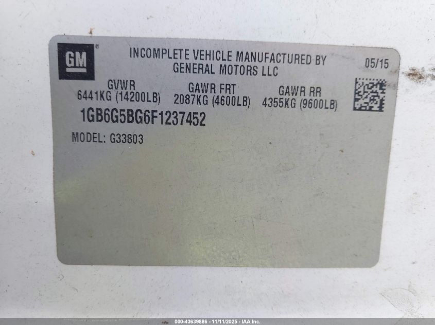 2015 Chevrolet Express Cutaway 4500 VIN: 1GB6G5BG6F1237452 Lot: 43639886