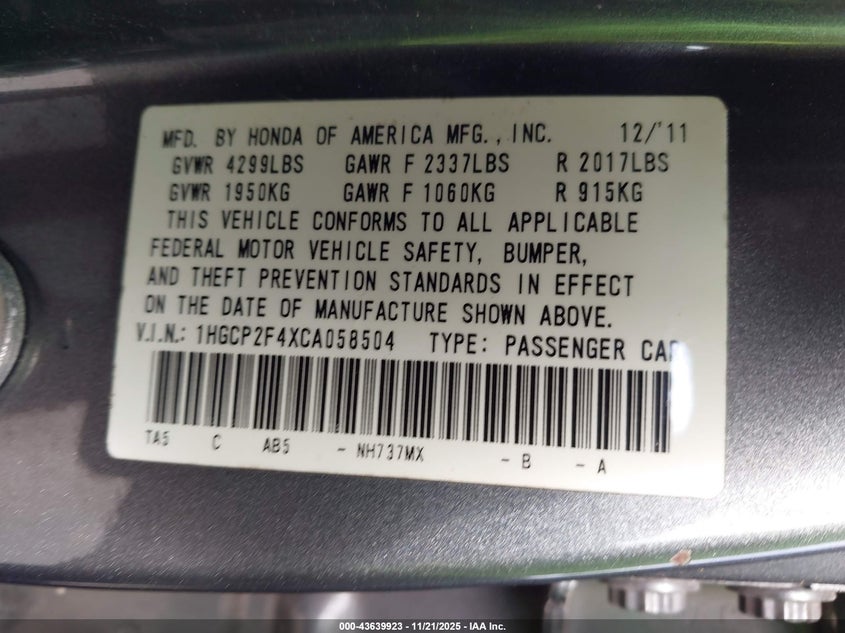 1HGCP2F4XCA058504 2012 HONDA ACCORD photo no. 9