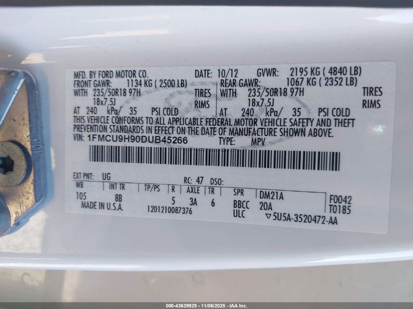 2013 Ford Escape Sel VIN: 1FMCU9H90DUB45266 Lot: 43639929