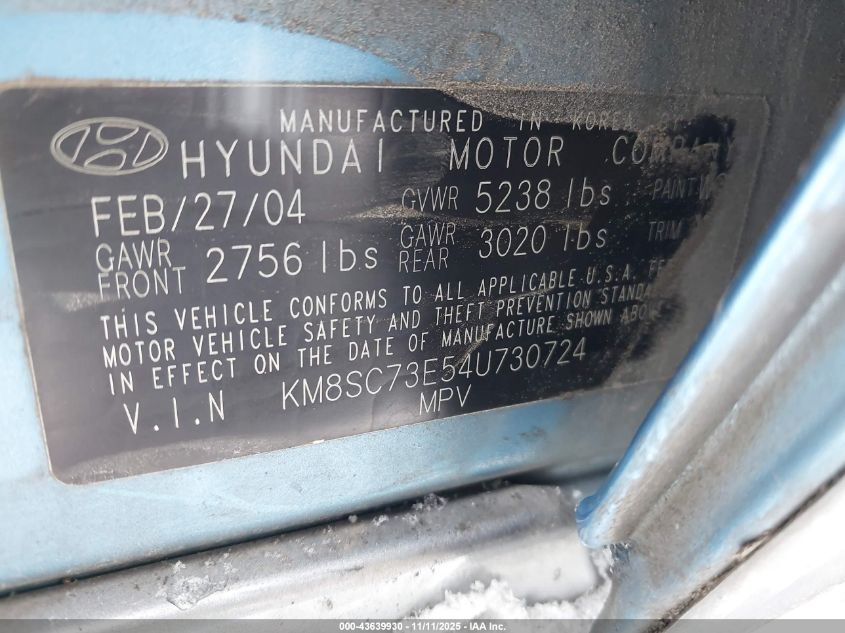 2004 Hyundai Santa Fe Gls/Lx VIN: KM8SC73E54U730724 Lot: 43639930