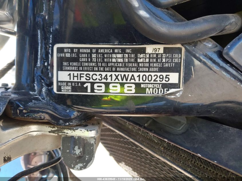 1998 Honda Gl1500 C/2 VIN: 1HFSC341XWA100295 Lot: 43639949