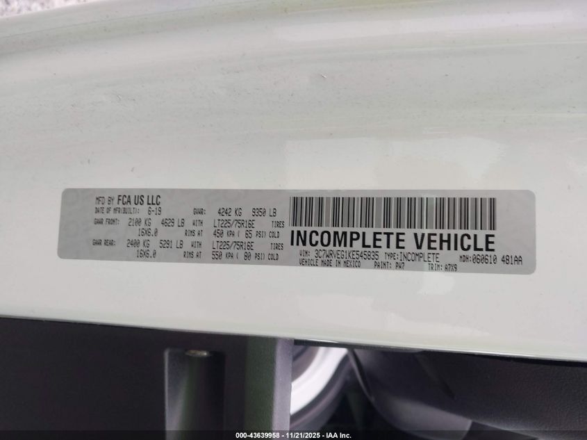 2019 Ram Promaster 3500 Cab Low Roof VIN: 3C7WRVEG1KE545835 Lot: 43639958