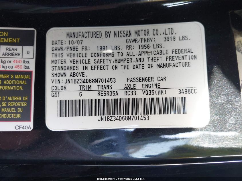 2008 Nissan 350Z Enthusiast VIN: JN1BZ34D68M701453 Lot: 43639978