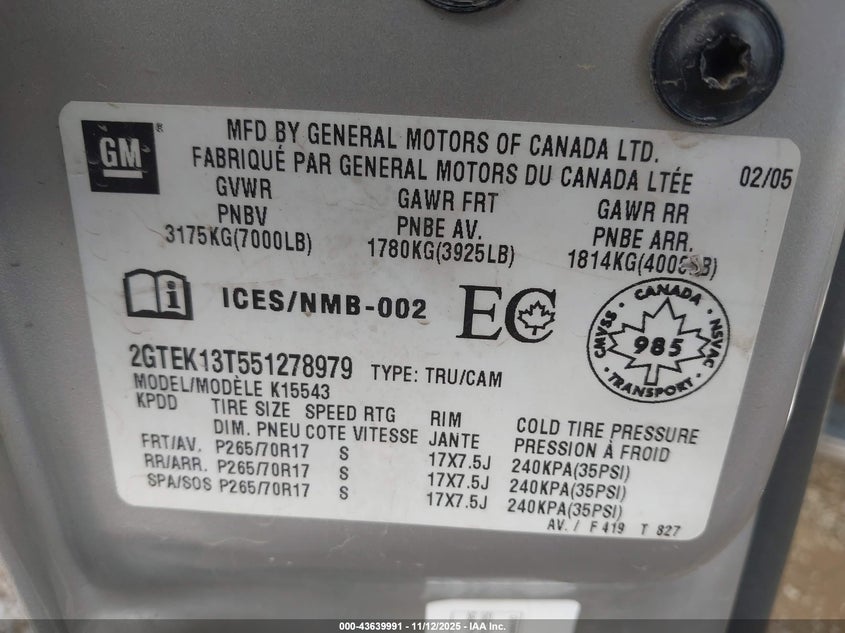 2005 GMC Sierra 1500 Sle/Slt VIN: 2GTEK13T551278979 Lot: 43639991