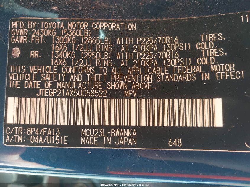 2005 Toyota Highlander V6 VIN: JTEGP21AX50058522 Lot: 43639996