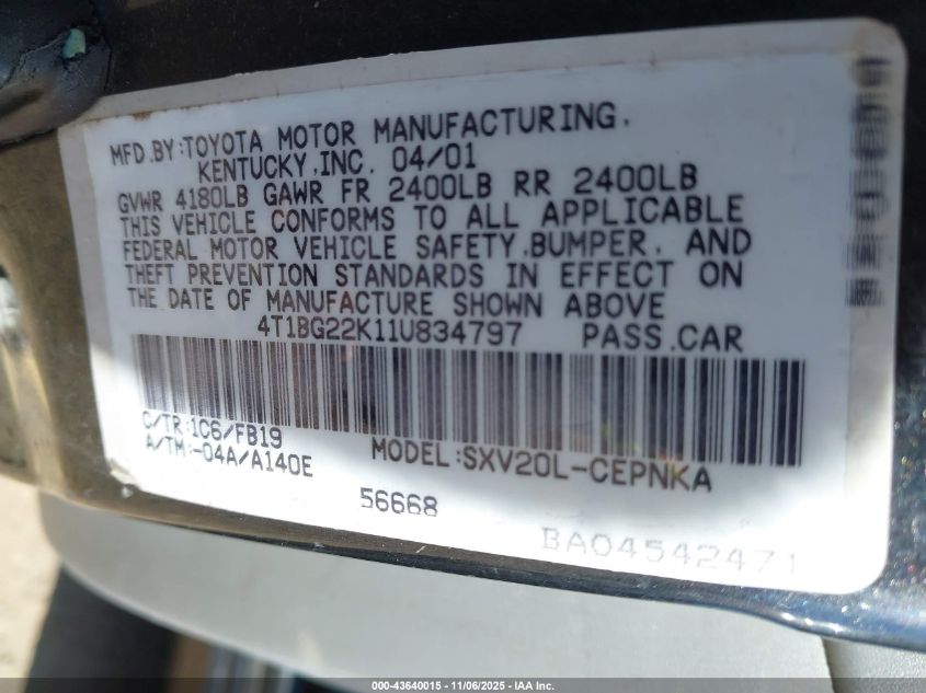 2001 Toyota Camry Le VIN: 4T1BG22K11U834797 Lot: 43640015