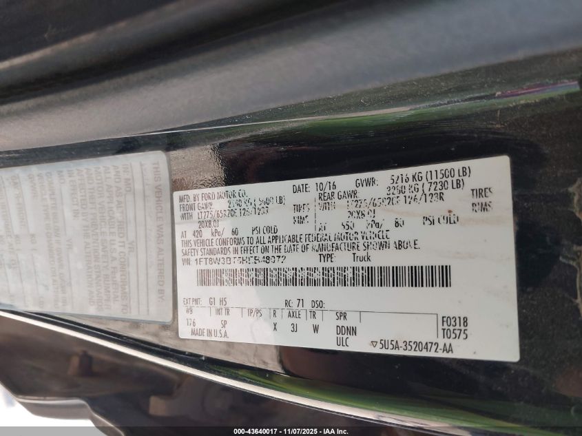 2017 Ford F-350 King Ranch VIN: 1FT8W3BT5HEB48072 Lot: 43640017