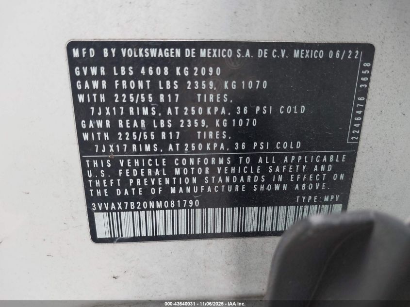 2022 Volkswagen Taos 1.5T S VIN: 3VVAX7B20NM081790 Lot: 43640031