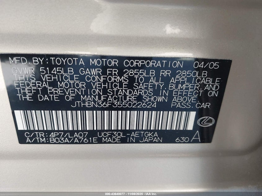 JTHBN36F355022624 2005 LEXUS LS photo no. 9