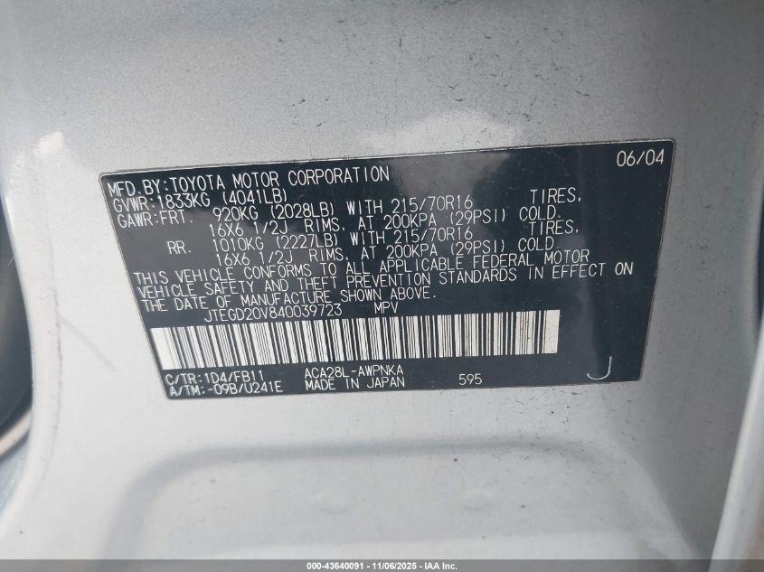 2004 Toyota Rav4 VIN: JTEGD20V840039723 Lot: 43640091