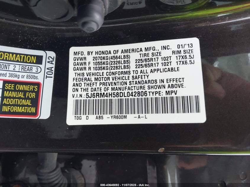 2013 HONDA CR-V EX - 5J6RM4H58DL042806