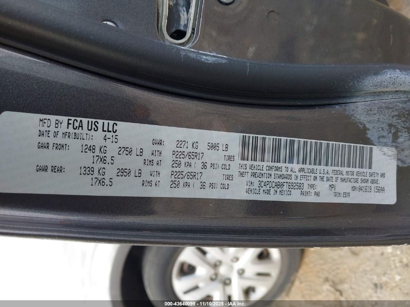 2015 Dodge Journey American Value Pkg VIN: 3C4PDCAB0FT692583 Lot: 43640099