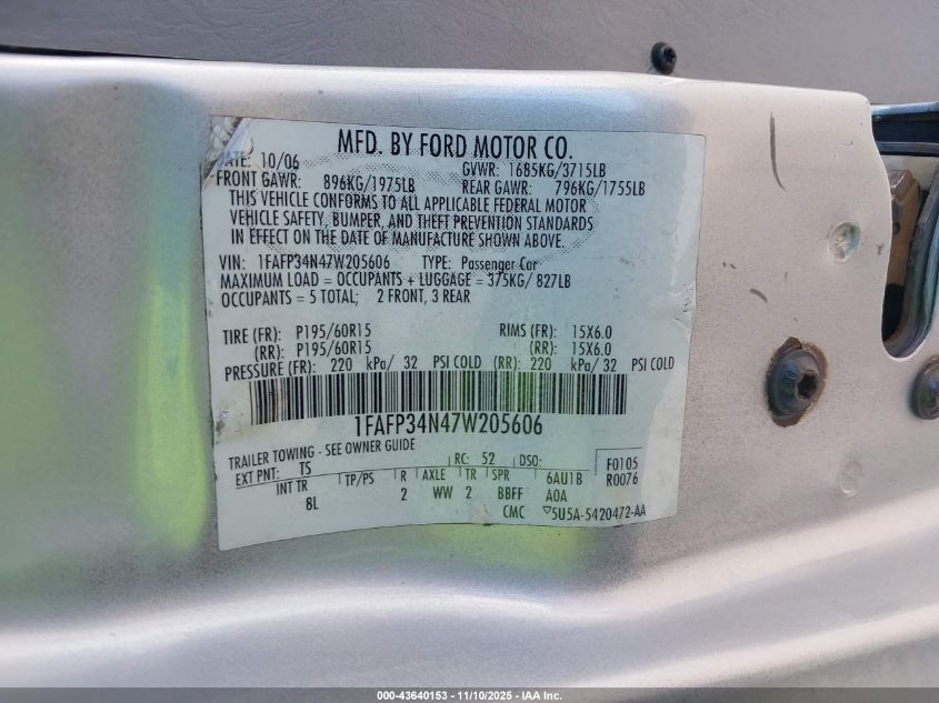 2007 Ford Focus S/Se/Ses VIN: 1FAFP34N47W205606 Lot: 43640153