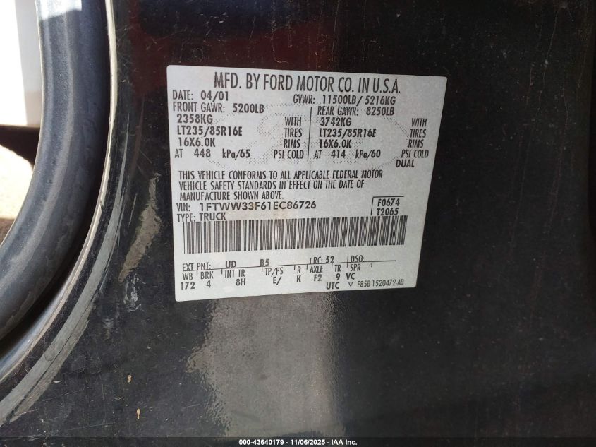 2001 Ford F-350 Lariat/Xl/Xlt VIN: 1FTWW33F61EC86726 Lot: 43640179