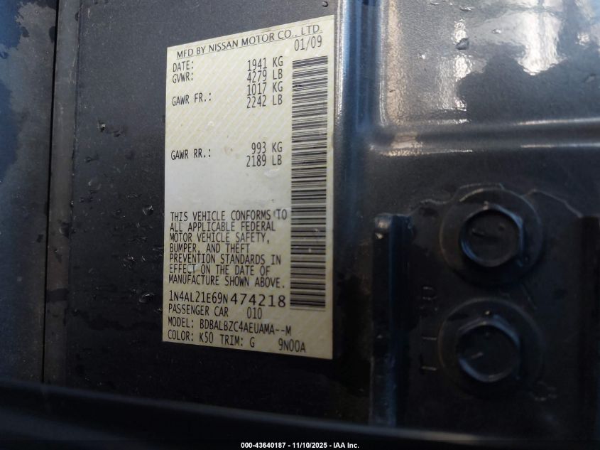 2009 Nissan Altima 2.5 S VIN: 1N4AL21E69N474218 Lot: 43640187