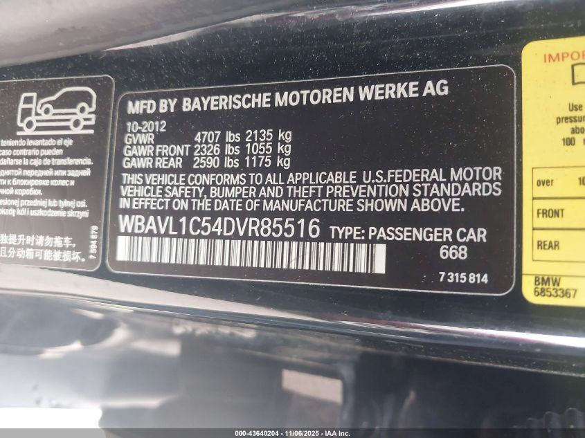 2013 BMW X1 xDrive28I VIN: WBAVL1C54DVR85516 Lot: 43640204