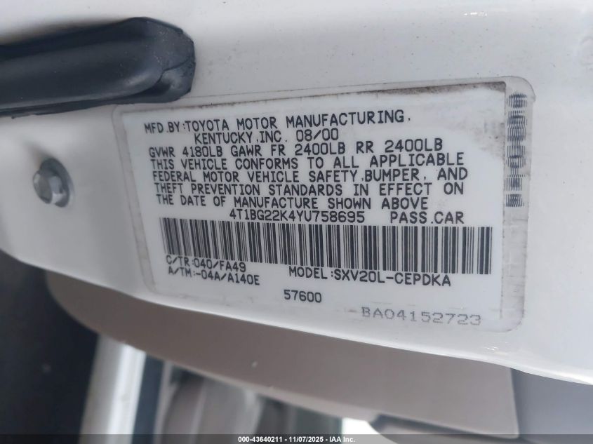 2000 Toyota Camry Ce VIN: 4T1BG22K4YU758695 Lot: 43640211