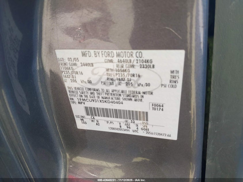 2005 Ford Escape Xlt VIN: 1FMCU931X5KD40404 Lot: 43640231