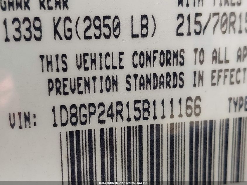 2005 Dodge Grand Caravan Se VIN: 1D8GP24R15B111166 Lot: 43640236