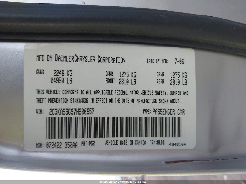 2007 Chrysler 300 Touring VIN: 2C3KA53G97H600957 Lot: 43640247