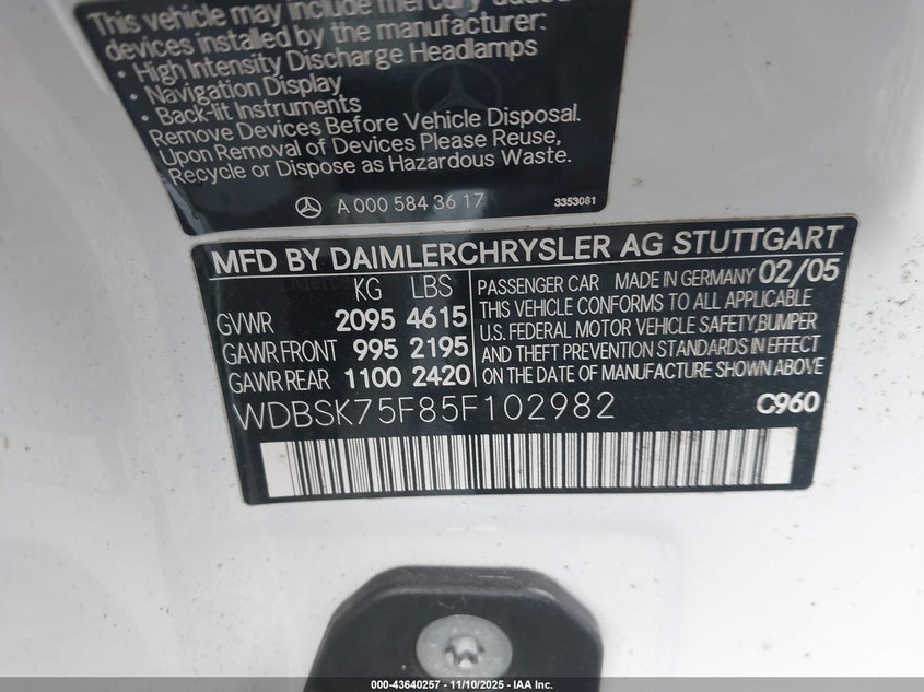 WDBSK75F85F102982 2005 MERCEDES-BENZ SL-KLASSE photo no. 9
