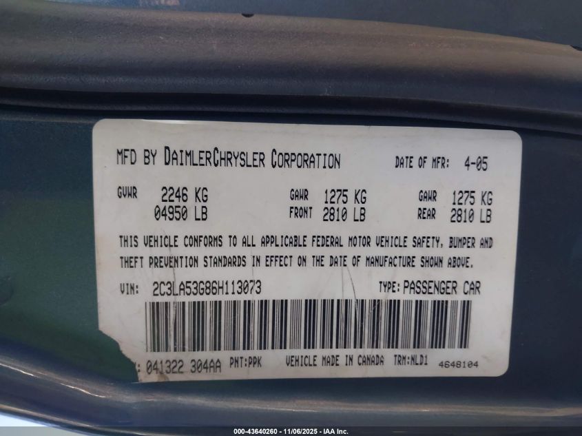 2006 Chrysler 300 Touring VIN: 2C3LA53G86H113073 Lot: 43640260