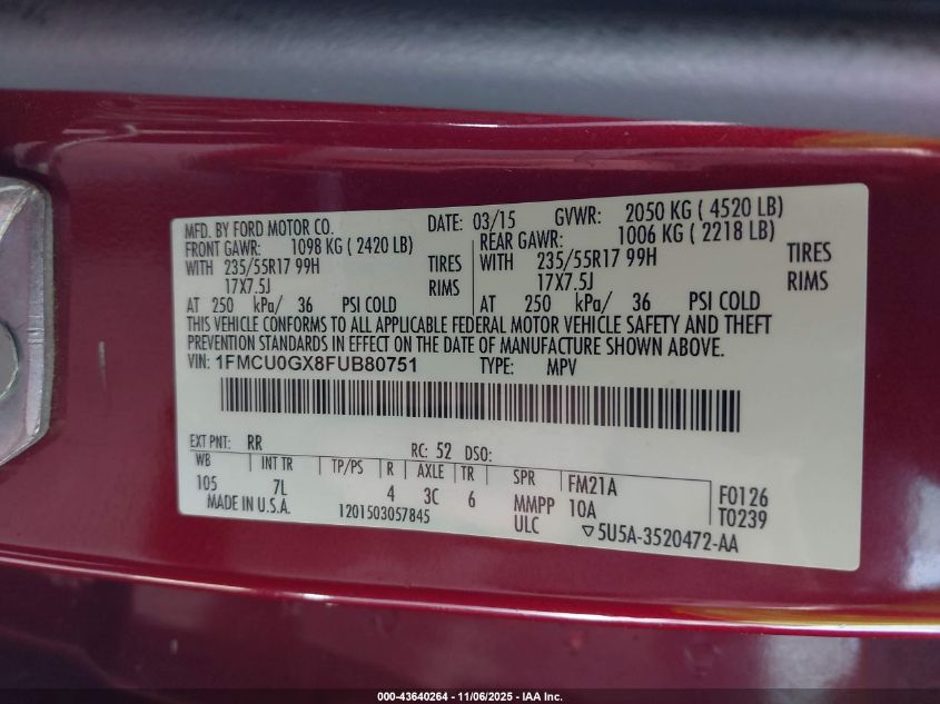 2015 Ford Escape Se VIN: 1FMCU0GX8FUB80751 Lot: 43640264