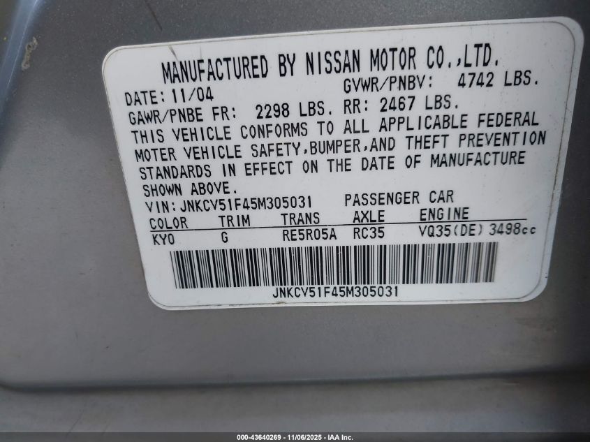 2005 Infiniti G35X VIN: JNKCV51F45M305031 Lot: 43640269