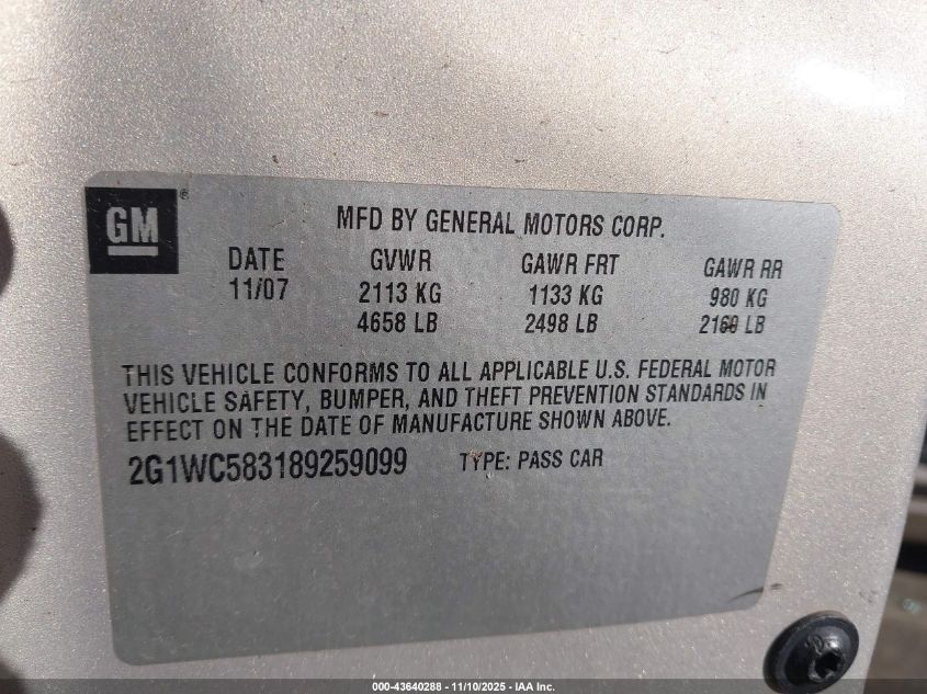 2008 Chevrolet Impala Lt VIN: 2G1WC583189259099 Lot: 43640288
