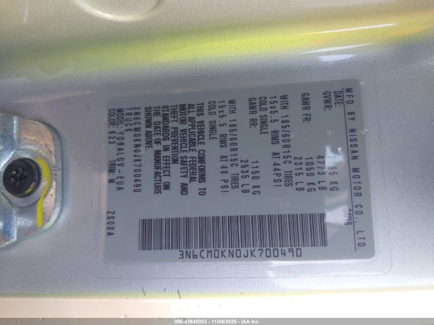 2018 Nissan Nv200 Sv VIN: 3N6CM0KN0JK700490 Lot: 43640303