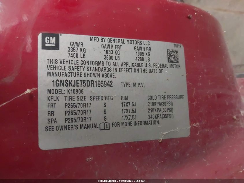 2013 Chevrolet Suburban 1500 Lt VIN: 1GNSKJE75DR195942 Lot: 43640304