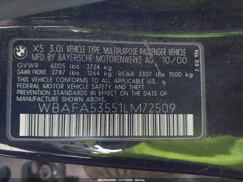 2001 BMW X5 3.0 VIN: WBAFA53551LM72509 Lot: 43640309