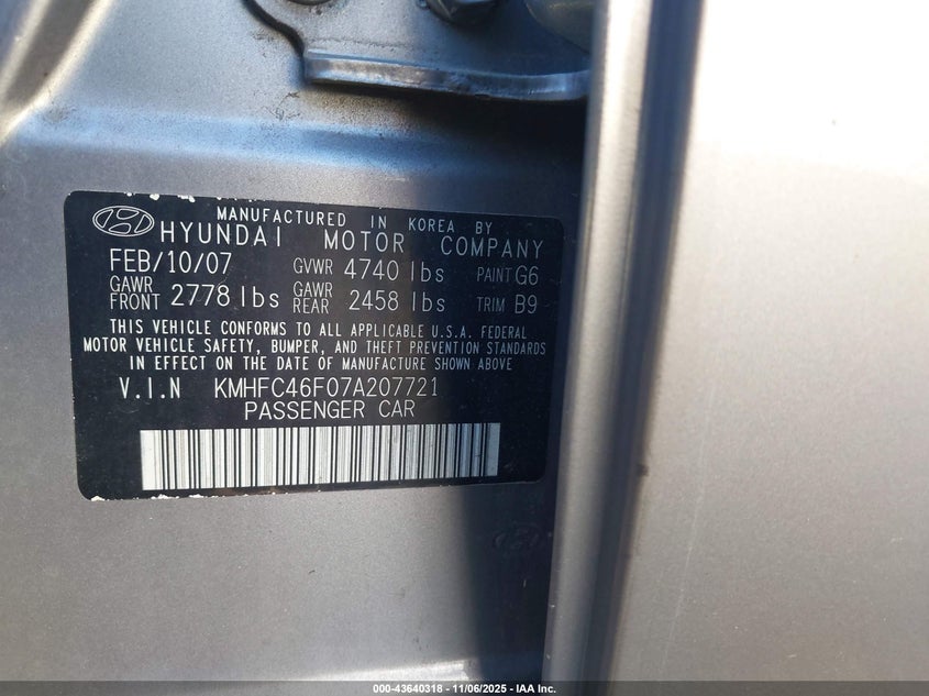 2007 Hyundai Azera Limited/Se VIN: KMHFC46F07A207721 Lot: 43640318