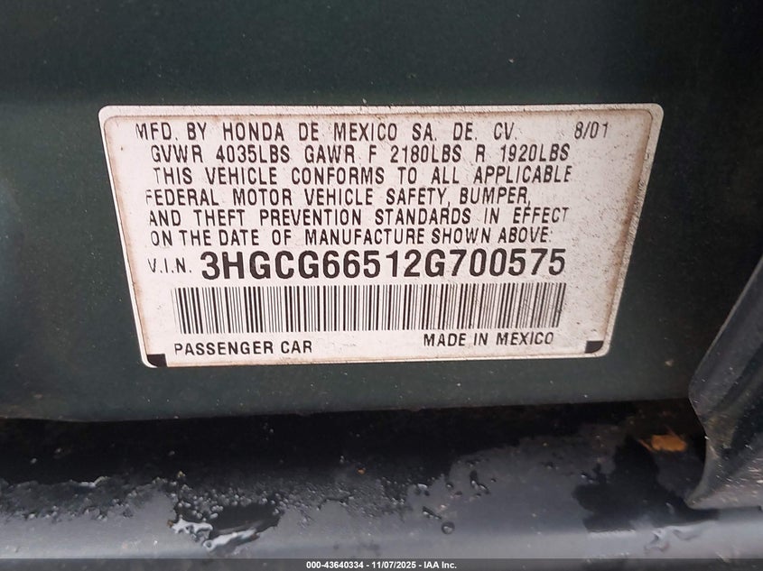 3HGCG66512G700575 2002 HONDA ACCORD photo no. 9
