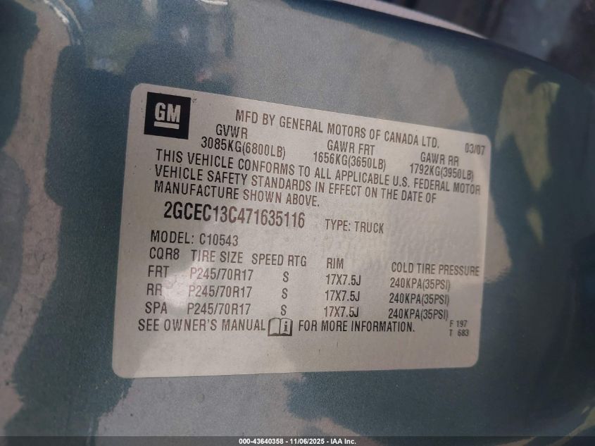 2007 Chevrolet Silverado 1500 Lt1 VIN: 2GCEC13C471635116 Lot: 43640358