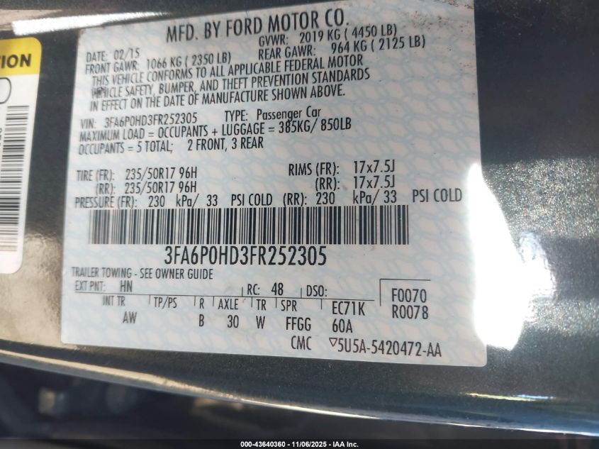 2015 Ford Fusion Se VIN: 3FA6P0HD3FR252305 Lot: 43640360