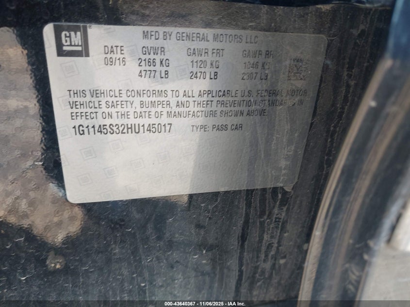 2017 CHEVROLET IMPALA 2LZ - 1G1145S32HU145017