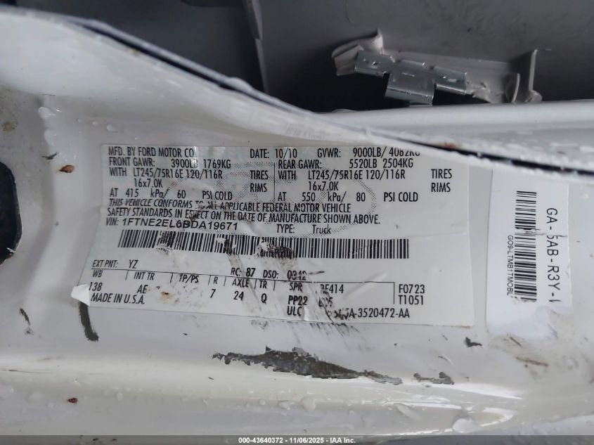 2011 Ford E-250 Commercial VIN: 1FTNE2EL6BDA19671 Lot: 43640372