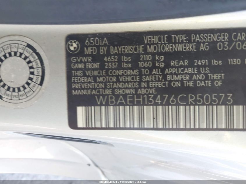 2006 BMW 650I VIN: WBAEH13476CR50573 Lot: 43640374
