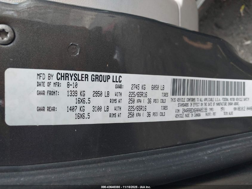 2010 Chrysler Town & Country Touring Plus VIN: 2A4RR8DX6AR405199 Lot: 43640380