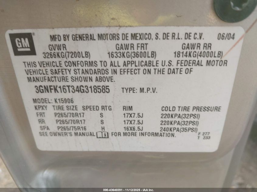 2004 Chevrolet Suburban 1500 Lt VIN: 3GNFK16T34G318585 Lot: 43640391