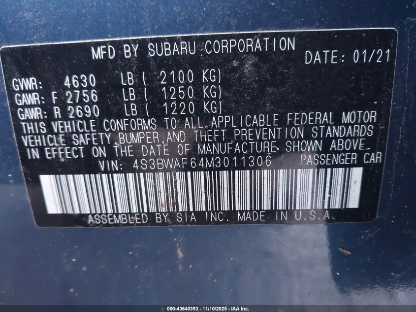 2021 Subaru Legacy Premium VIN: 4S3BWAF64M3011306 Lot: 43640393