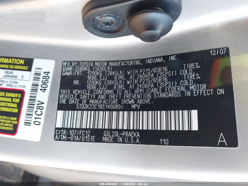 2008 Toyota Sienna Le VIN: 5TDZK23C18S149089 Lot: 43640427