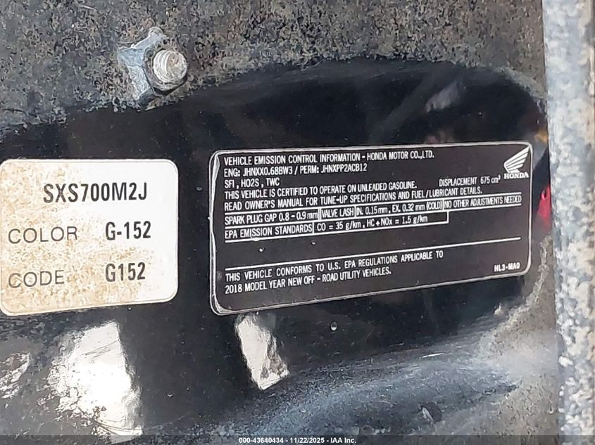 2018 Honda Sxs700 M2 VIN: 1HFVE0295J4402745 Lot: 43640434